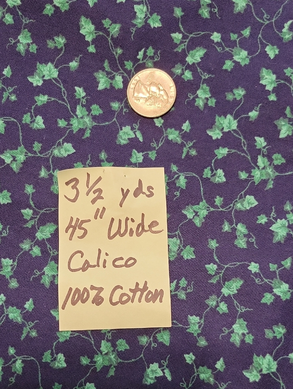 NWT Navy Cotton Calico Fabric with Green Ivy Print, 3 1/2 Yards